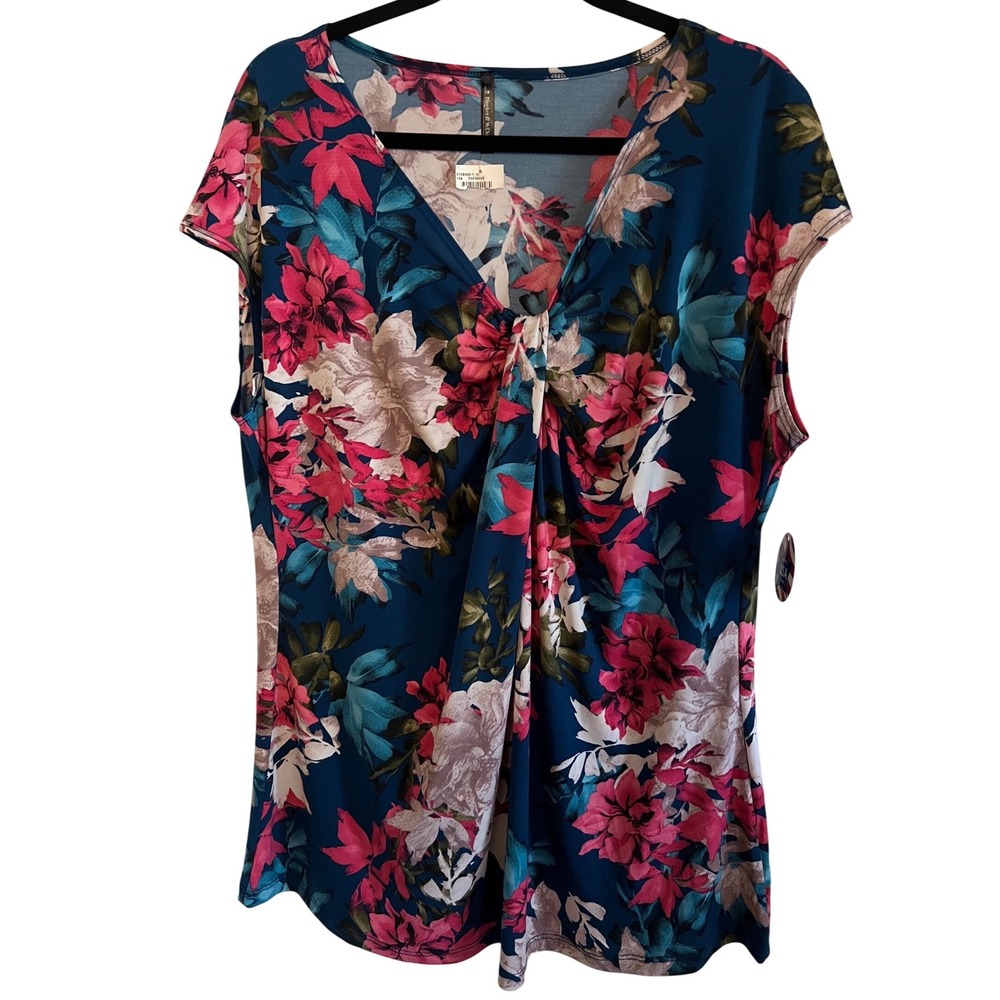 Bleeker & McDougal Teal Pink Floral Knot Front V-Neck Cap Sleeve Blouse 1X NEW